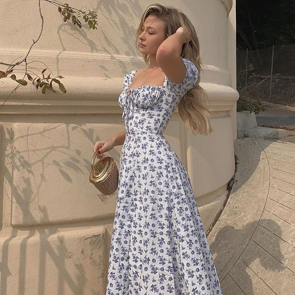 Dress Summer Fashion White Ladies Backless Clothes Puff Sleeve Floral Print Slit Long Dresses For Women New Arrival 2021