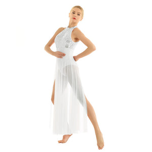 Ballet Dress Adult ballerina danza Sequined Mesh Maxi lyrical dance costume with Built-in Leotard Sleeveless Halter Dance Dress