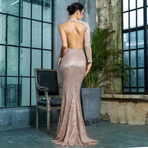 Rose Gold Open Back Separate Sleeve Elastic Sequins Long Dress LM81333-1GOLD
