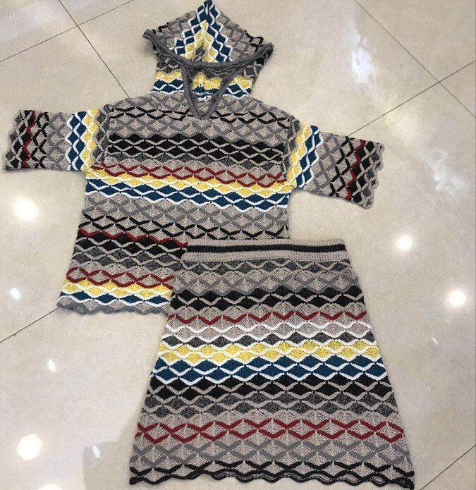 Hollow Colorful Fish Scale Striped Knitted Top and Skirt