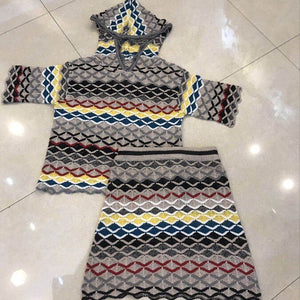 Hollow Colorful Fish Scale Striped Knitted Top and Skirt