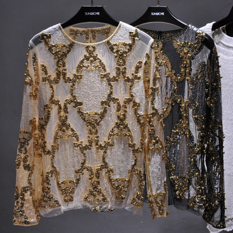 Luxury Women Crystal Sequins Embroidery Blouse