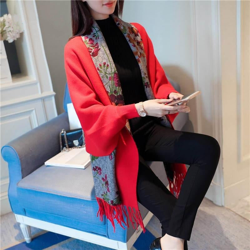 Large Size Cloak Tassel Printed Floral Sweater Thickening Shawl