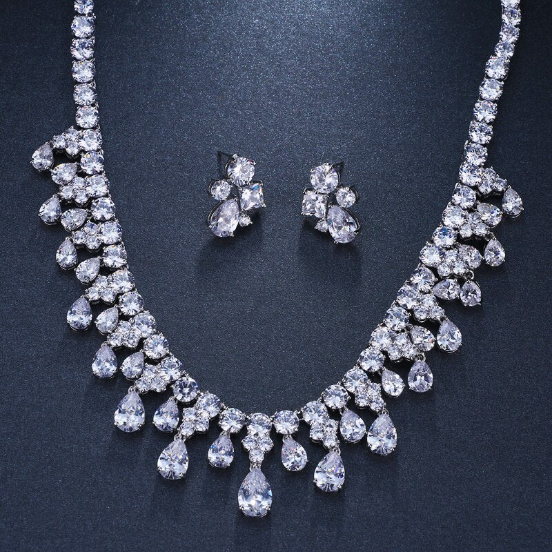 White Gold Color Cubic Zirconia Bridal Wedding Necklace And Earring Sets