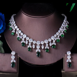 Green CZ Stone Earrings Necklace Set