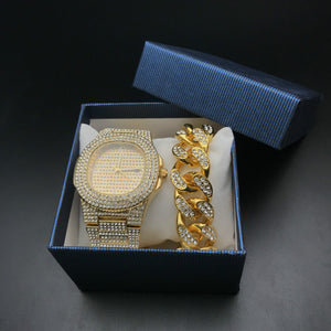 Ice Out Cuban Chain Gold Silver Color Crystal Watch Set With Box