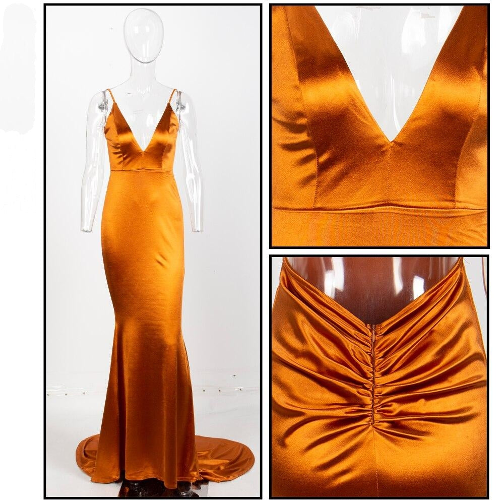 Orange Deep V-Neck Open Back Slim Long Dress