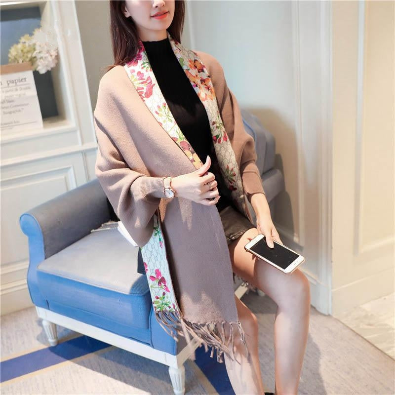 Large Size Cloak Tassel Printed Floral Sweater Thickening Shawl