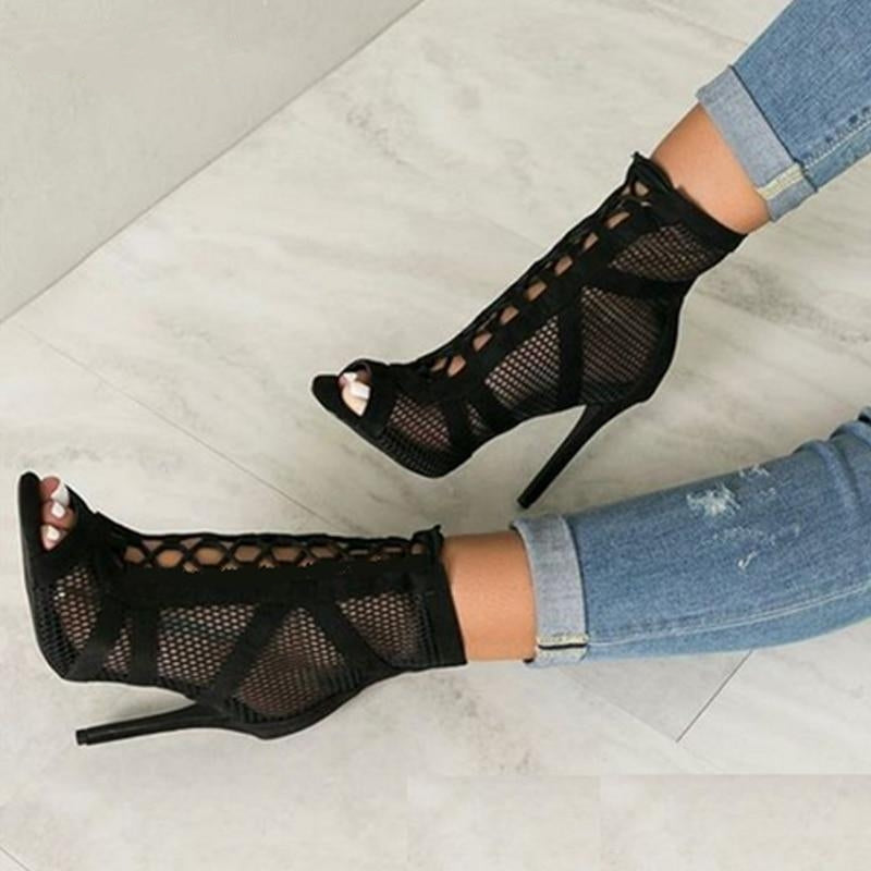Black Lace Up Cross-tied Peep Toe High Heel Ankle Strap