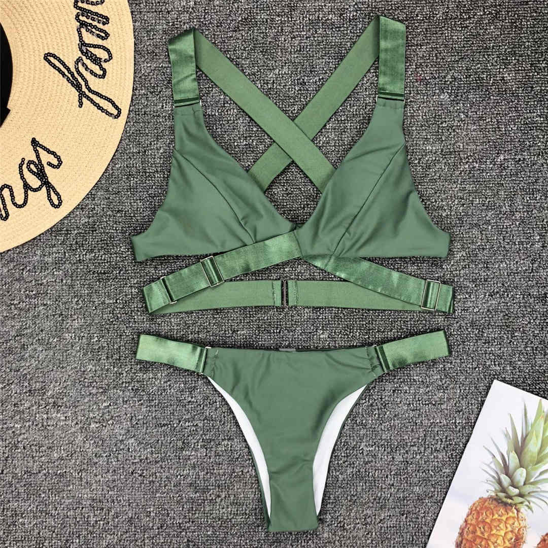 Green Bandage Cross Back Bikini Swimwear Women Two-piece Bikini set Black