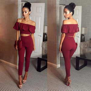 Fashion Two Piece Women Sets Sexy Slash Neck Crop Ruffle Tops And Long Pants Set Autumn Short Sleeve Two Pieces Feminino