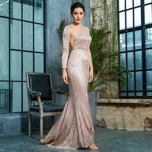 Rose Gold Open Back Separate Sleeve Elastic Sequins Long Dress LM81333 Global Fashions GC Rose Gold Open Back Separate Sleeve Elastic Sequins Long Dress LM81333 Global Fashions GC