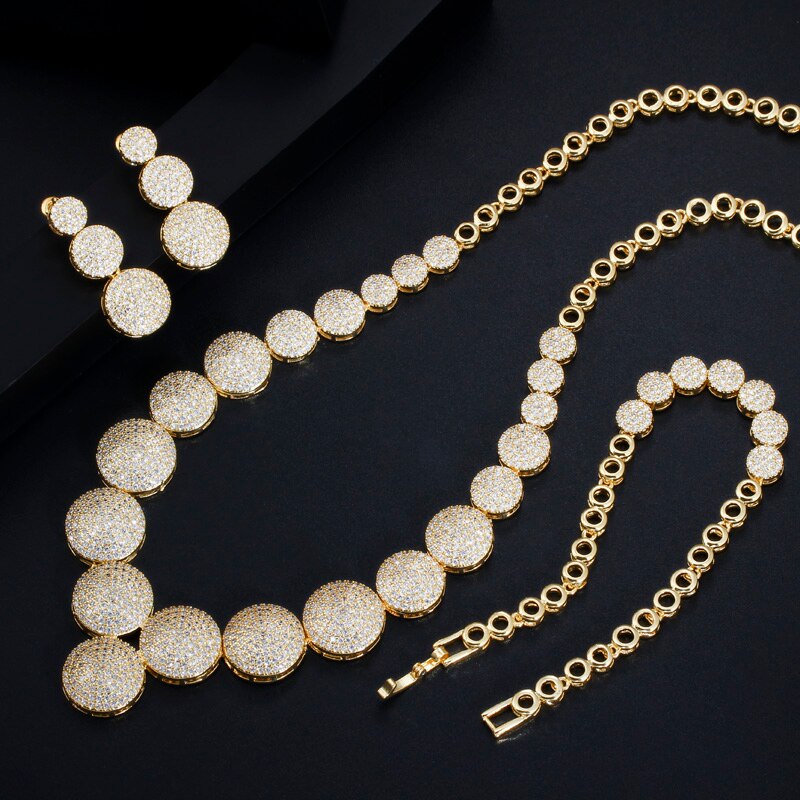 3Pcs High Quality Cubic Zircon Dubai Gold Necklace Jewelry Set