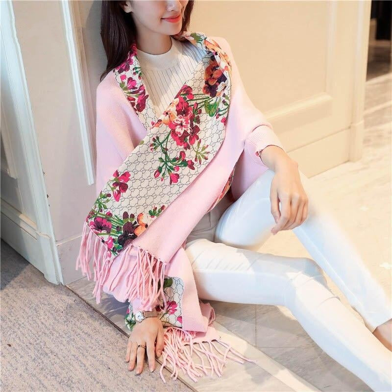 Large Size Cloak Tassel Printed Floral Sweater Thickening Shawl