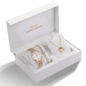 Rose Gold Crystal Design Bracelet Necklace Watch Sets