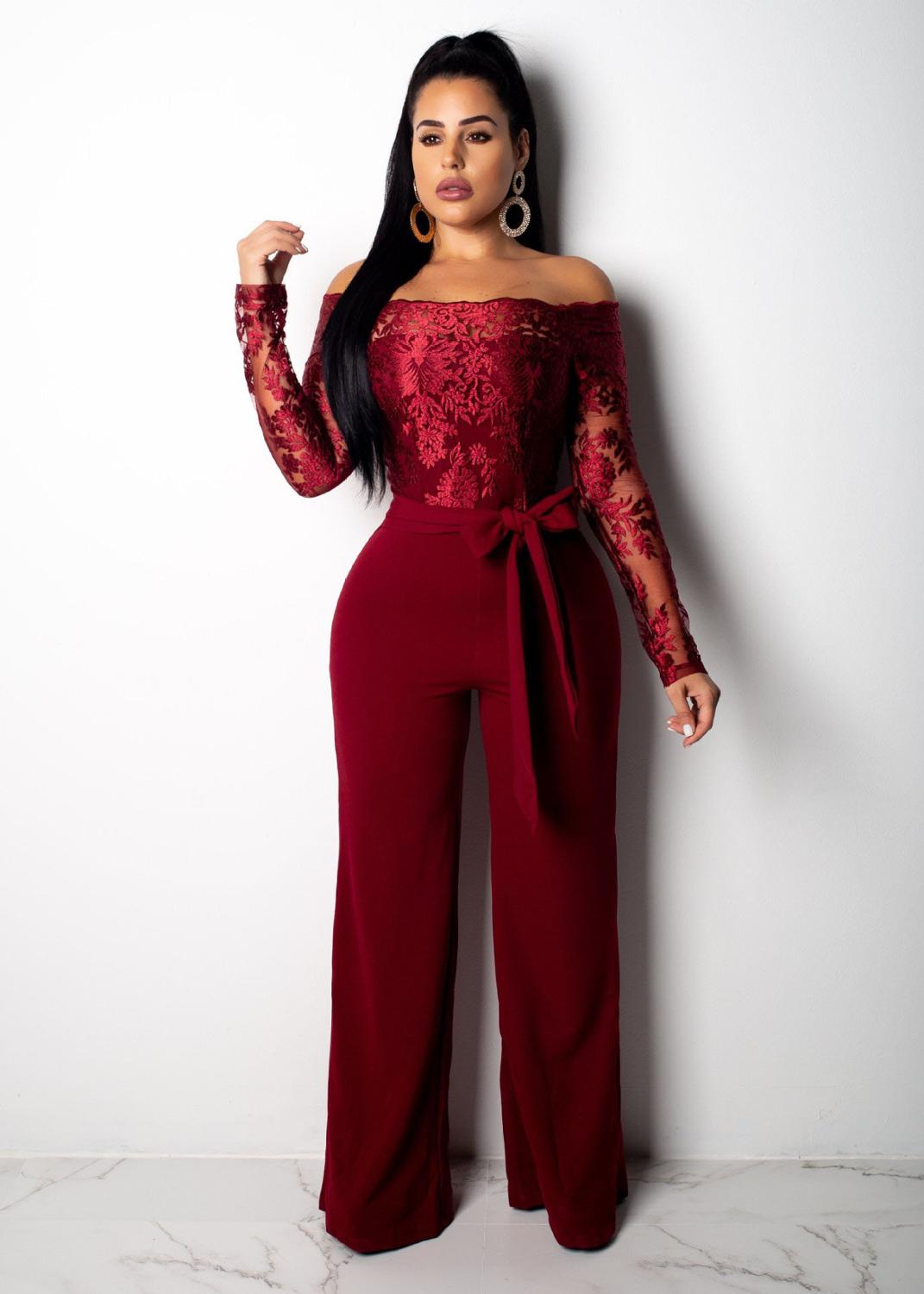 Appliques Lace Patchwork Off Shoulder Long Sleeve Wide Leg Pants Jumps ...