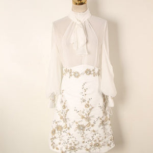 Bow Chiffon Blouses and Embroidery Flowers Crystal Skirt