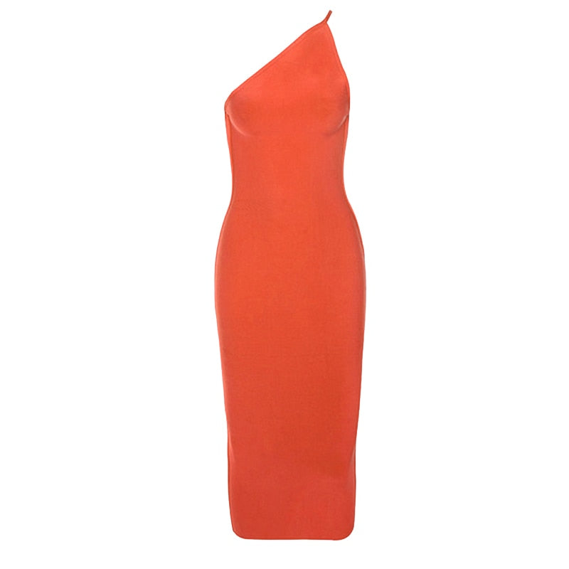 Pink Woman Bandage Dress Women Sleeveless One-Shoulder Backless Mid Calf Sexy Club Celebrity Evening Party Bodycon Dress Vestido