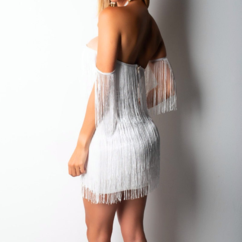 2018 Summer Women Bandage Dress Elegant Club Party Dress Sexy V Neck Off Shoulder Tassel Mini Fringe Club Dresses Vestidos