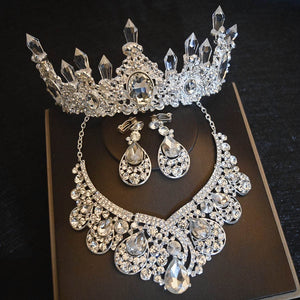 Silver Plated Crystal Crown Tiaras Necklace Earrings Sets