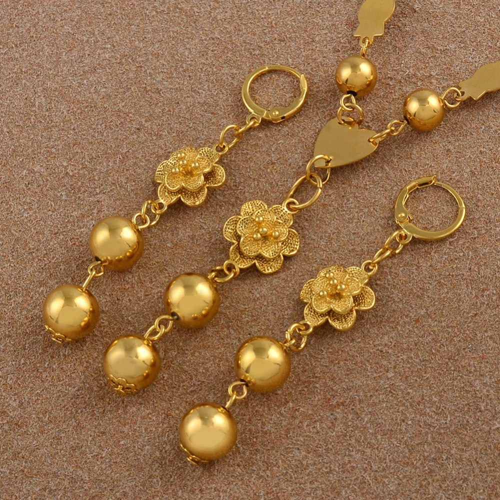 A63cm Flower and Beads Necklaces & Round Ball Earrings for Women