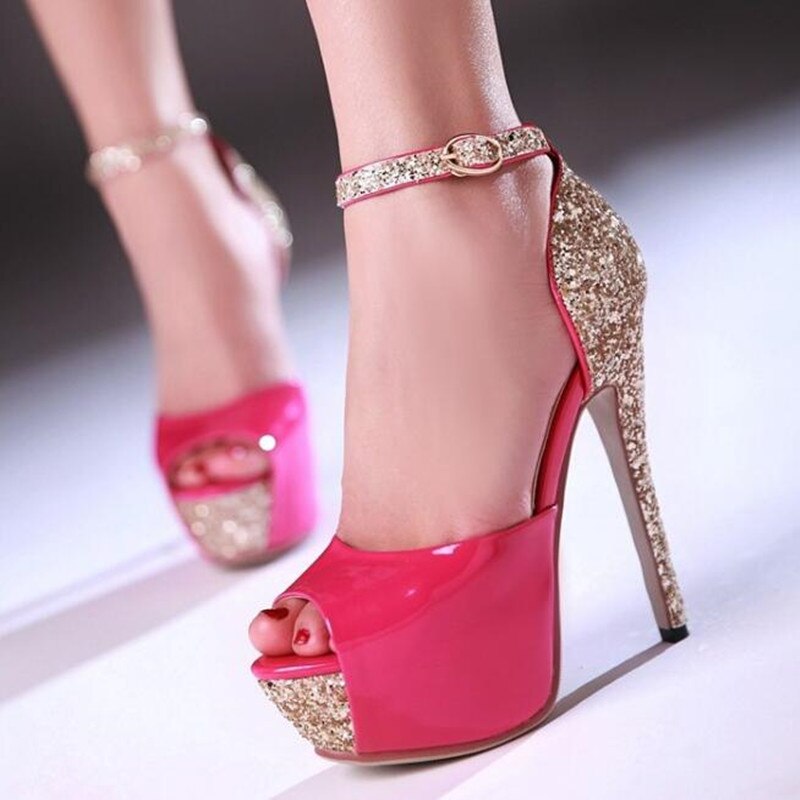 Spring and summer new fashion women&#39;s shoes super high heels fish mouths sequins fine with bride&#39;s women shoes banquet heels