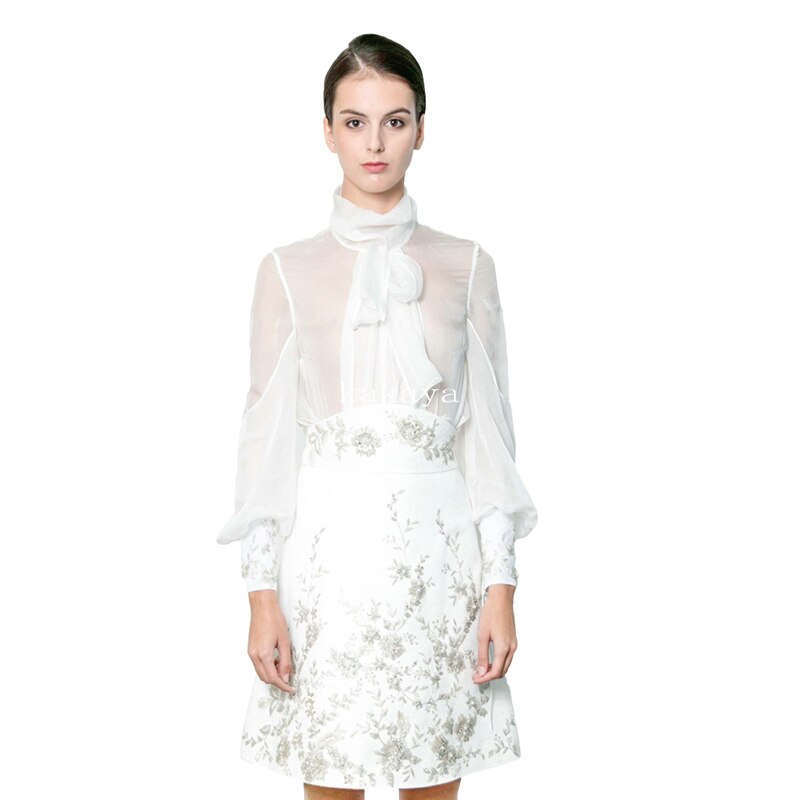 Bow Chiffon Blouses and Embroidery Flowers Crystal Skirt