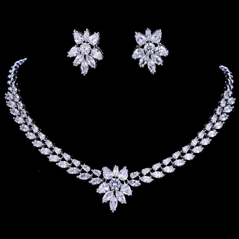 White Gold Color Luxury Bridal CZ Crystal Necklace and Earring Sets
