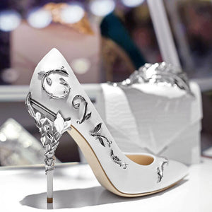 Luxury Brand Women Pumps Pointed Toe Flower Heel Wedding Shoes Women Elegant Silk Design High Heels Ladies Pumps Drop Shipping
