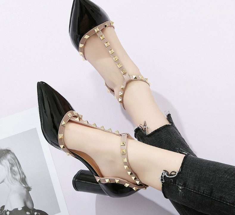 2022 Summer Shoes High Heels T Strap Rivet Pumps chunky Heels Sandal Patent Leather Dress Shoes White wedding shoes Ladies 7579