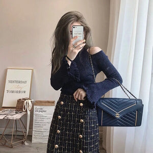 Luxury Designer Flare Sleeve Knit Sweater 2020 Autumn Winter Elegant Women Double-breasted Tweed two piece Skirt set