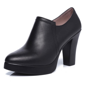 Deep Mouth Pointed Toe Leather Shoes Women Pumps 2022 Autumn Black High Heels Office Shoes Plus size 33-43