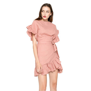 Petal Sleeve High Waist Lace up Irregular Mini Dresses