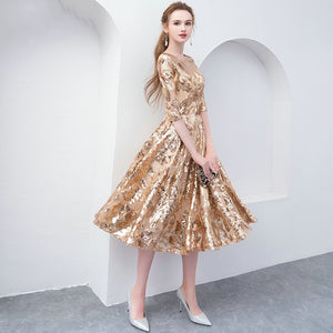 Gold Sequins Prom Dresses 2023 Half Sleeve Organza Evening Party Gown Knee Length O Neck Rode De Soiree