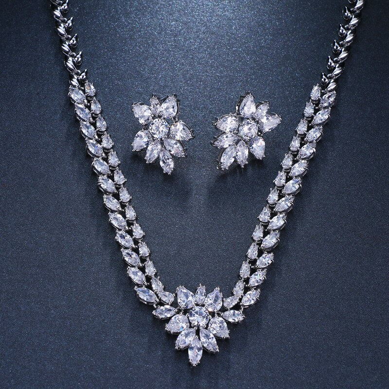 White Gold Color Luxury Bridal CZ Crystal Necklace and Earring Sets
