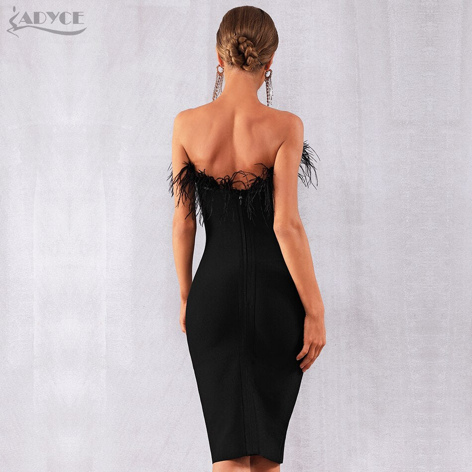 New Summer Women Bandage Dress Vestidos Sexy Black Feathers Sleeveless Strapless Bodycon Club Celebrity Party Dress