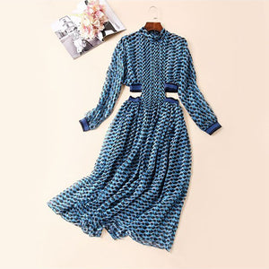 Stand Collar Long Sleeve High Waist Hollow Out Midi Dresses