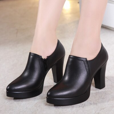 Deep Mouth Pointed Toe Leather Shoes Women Pumps 2022 Autumn Black High Heels Office Shoes Plus size 33-43