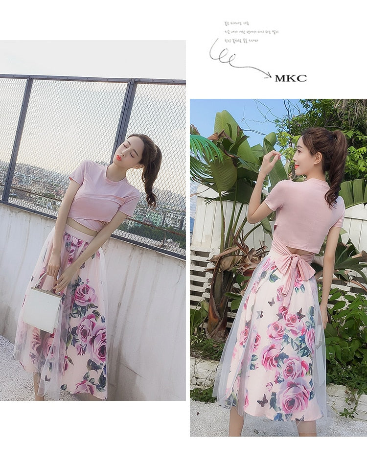 HIGH QUALITY Women Irregular T Shirt+Mesh Skirts Suits Bowknot Solid Tops Vintage Floral Skirt Sets Elegant Woman Two Piece Set