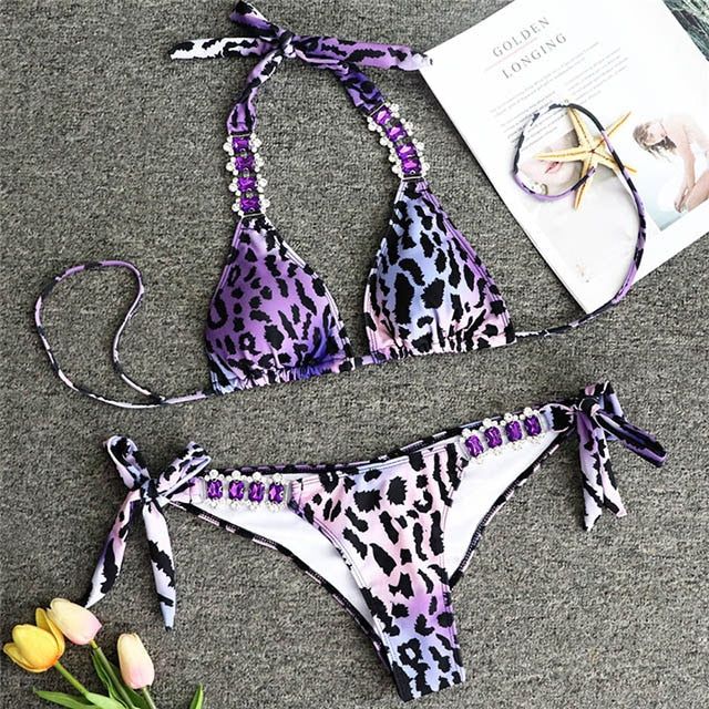 Leopard Print Crystal Diamond Bikini Women Swimsuit Female Brazilian Swimwear Two-pieces Bikini set