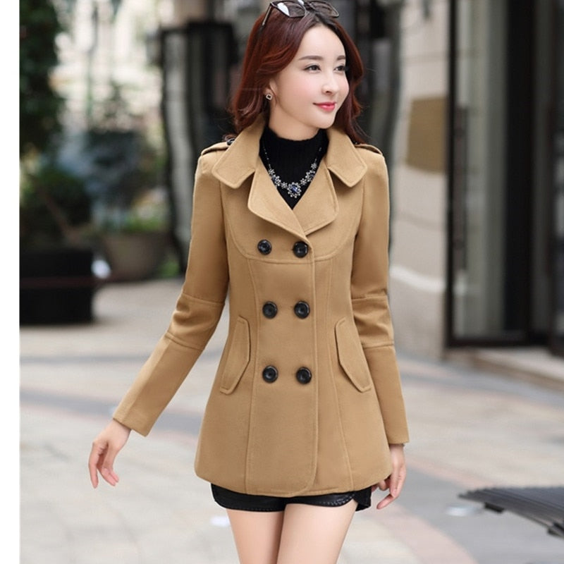 UHYTGF Fashion Winter Jacket Womens Double Breasted Short Wool Coat Solid Color Korean Slim Female Woolen Jacket Loose Size 1150