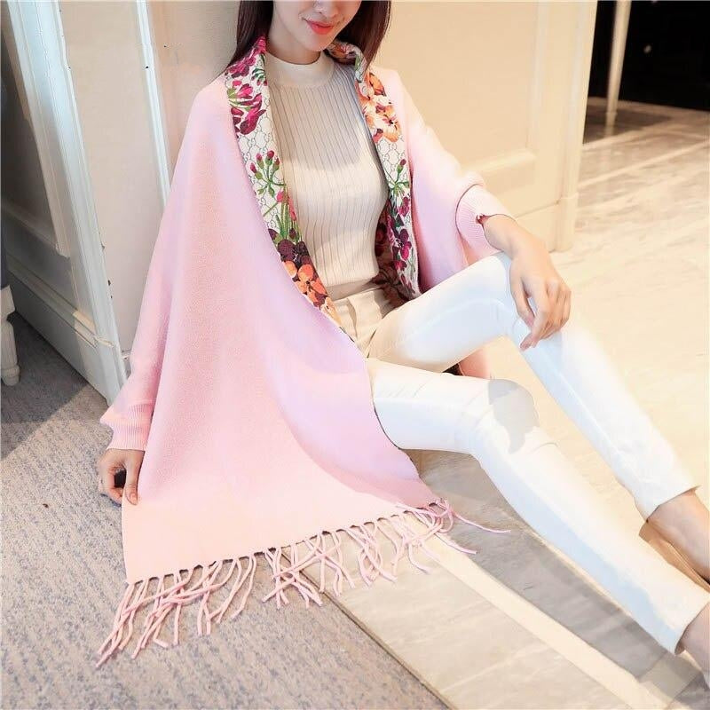 Large Size Cloak Tassel Printed Floral Sweater Thickening Shawl