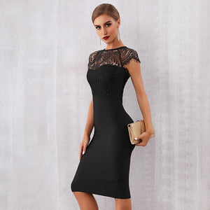 Sexy Black Lace Short Sleeve Hollow Out Club Dress Evening Party Dress