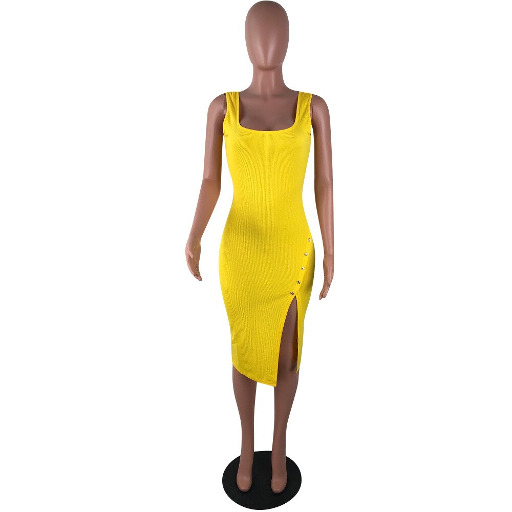 2019 New Women Spaghetti Strap Sleeveless Side Spit Bodycon Midi Dress Knee Length Office Lady Sexy Party Dresses Vestido LM9065