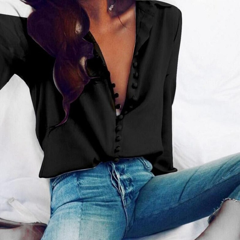 CROPKOP Fashion Casual Solid Color ladies office Tops Sexy Buttons Long sleeve Blouse 2022 new Spring Women Chiffon white Shirt