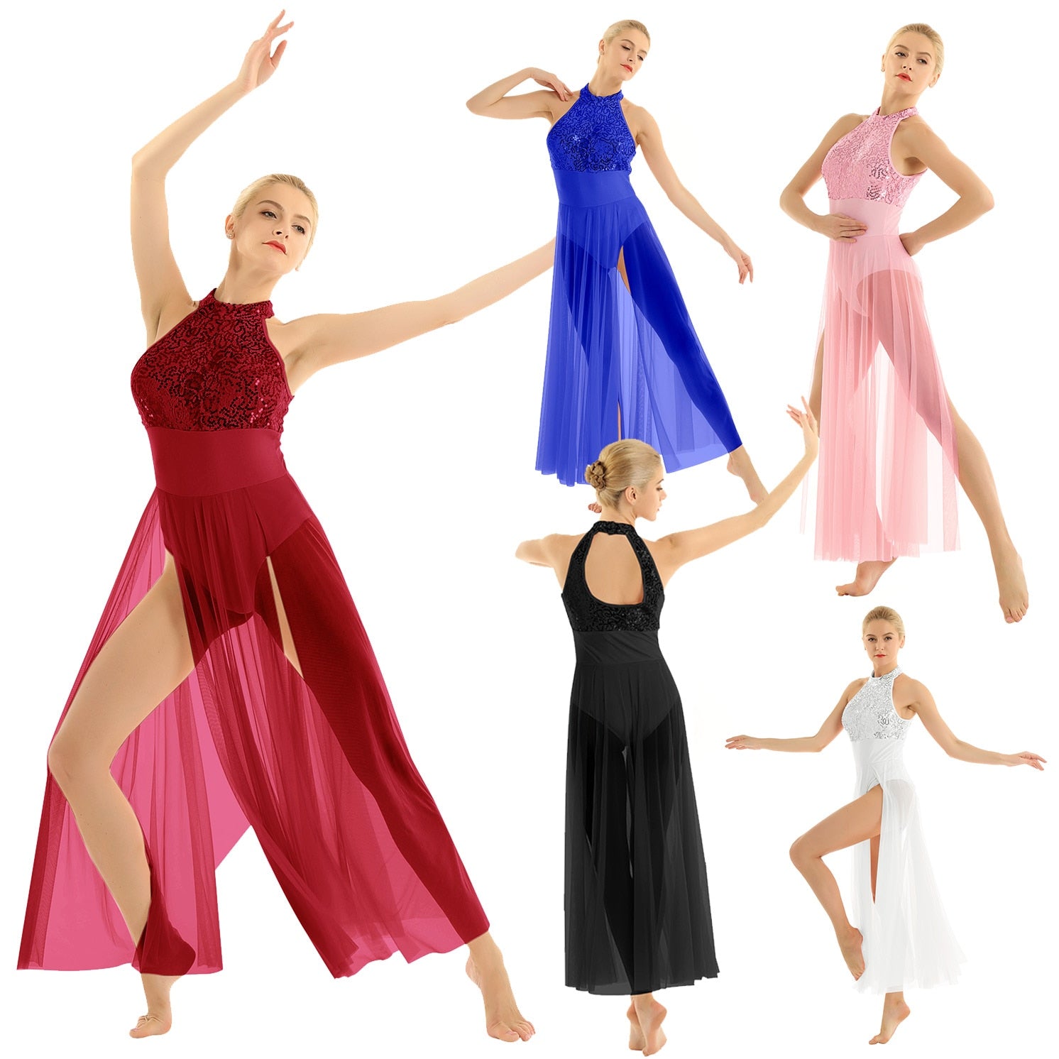 mesh dance dress Ballet Dress Adult ballerina danza Sequined Mesh Maxi lyrical Dance costume with Built-in Leotard Sleeveless Halter Dance Dress Blue / XS