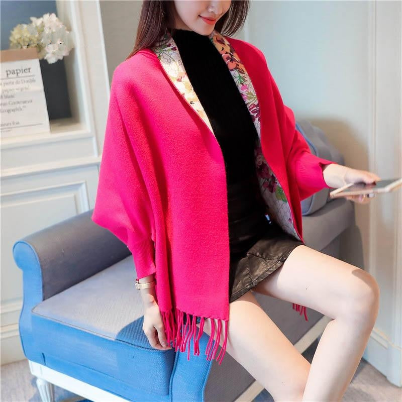 Large Size Cloak Tassel Printed Floral Sweater Thickening Shawl