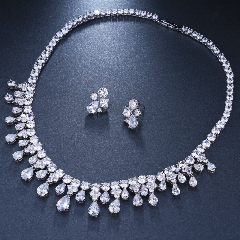 White Gold Color Cubic Zirconia Bridal Wedding Necklace And Earring Sets