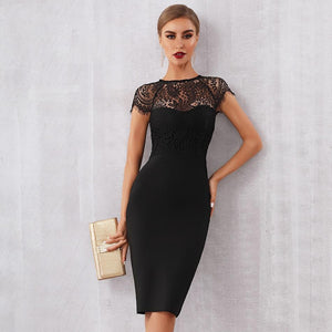 Sexy Black Lace Short Sleeve Hollow Out Club Dress Evening Party Dress
