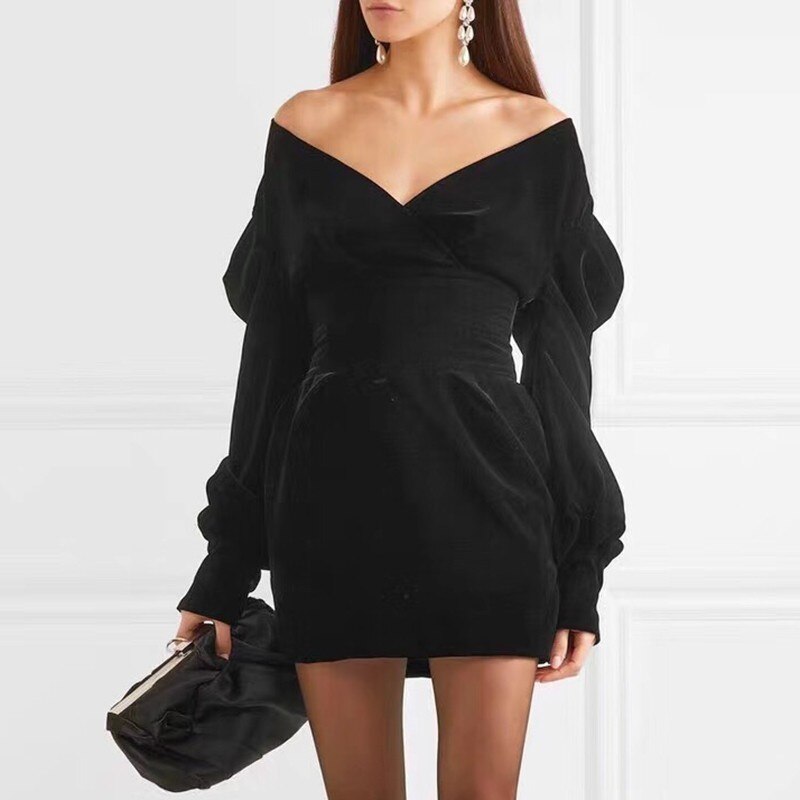 Puff Long Sleeve Black Mini Dress